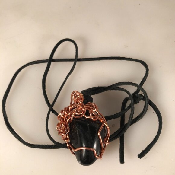 Genuine Black Onyx Gemstone Copper Pendant Leather Rustic Festival Reiki Protect - Picture 5 of 5